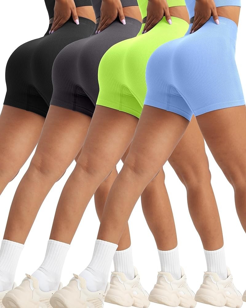 4 Piece Workout Shorts Sets Womens, High Waisted Ribbed Seamless Yoga Spandex Biker Shorts 4 Packs - Black/Gray/Neon Green/Ca...