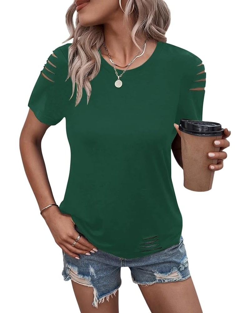 Women's Short Sleeve T Shirts Crew Neck Ripped Cut Out Summer Casual Basic Tees Tops Green $14.57 T-Shirts