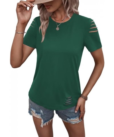 Women's Short Sleeve T Shirts Crew Neck Ripped Cut Out Summer Casual Basic Tees Tops Green $14.57 T-Shirts