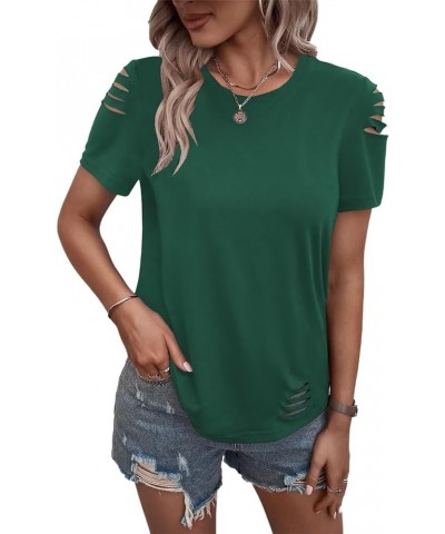 Women's Short Sleeve T Shirts Crew Neck Ripped Cut Out Summer Casual Basic Tees Tops Green $14.57 T-Shirts