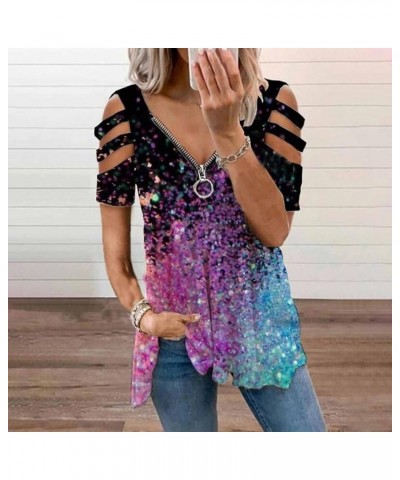 Women Summer Tops Leopard Short Sleeve Cold Shoulder Shirt Zip Up Plus Size Loose V-Neck Cool Tee T-Shirt Blouse 03-purple $5...