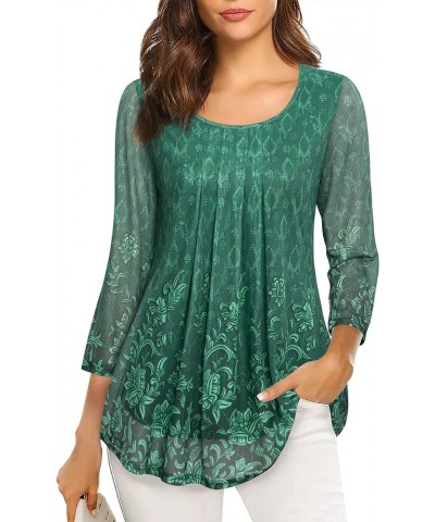 Women's 3/4 Sleeve Tunic Tops Casual Loose Fit Floral Blouses Mesh Pleated Layered Shirt Multicolor Green-2 $15.59 Tops