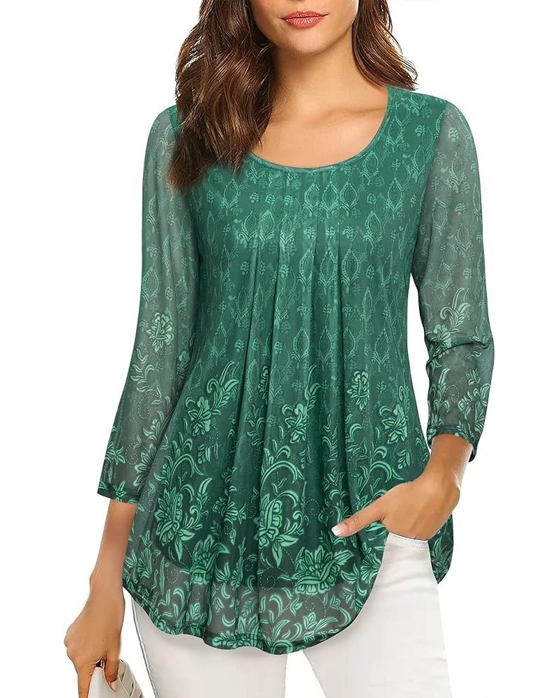 Women's 3/4 Sleeve Tunic Tops Casual Loose Fit Floral Blouses Mesh Pleated Layered Shirt Multicolor Green-2 $15.59 Tops