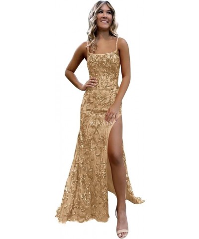 Sparkly Sequin Prom Dresses for Women 2024 Spaghetti Straps Mermaid Formal Dresses with Slit Champagne $36.75 Dresses