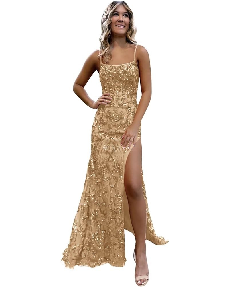 Sparkly Sequin Prom Dresses for Women 2024 Spaghetti Straps Mermaid Formal Dresses with Slit Champagne $36.75 Dresses