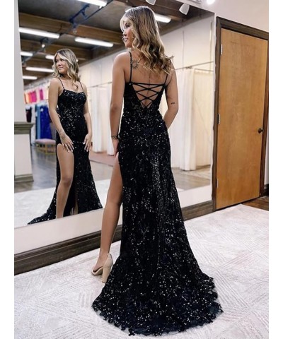 Sparkly Sequin Prom Dresses for Women 2024 Spaghetti Straps Mermaid Formal Dresses with Slit Champagne $36.75 Dresses