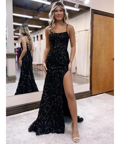 Sparkly Sequin Prom Dresses for Women 2024 Spaghetti Straps Mermaid Formal Dresses with Slit Champagne $36.75 Dresses