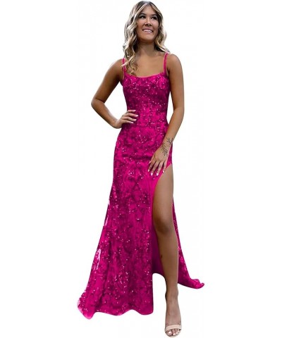 Sparkly Sequin Prom Dresses for Women 2024 Spaghetti Straps Mermaid Formal Dresses with Slit Champagne $36.75 Dresses