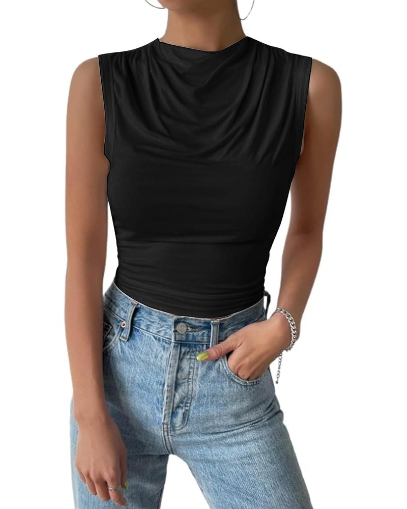 Women's Ruched Sleeveless Mock Neck Tops Casual Crop Tank Top Shirt Black $9.40 Tanks