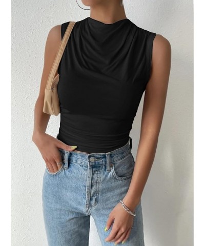 Women's Ruched Sleeveless Mock Neck Tops Casual Crop Tank Top Shirt Black $9.40 Tanks