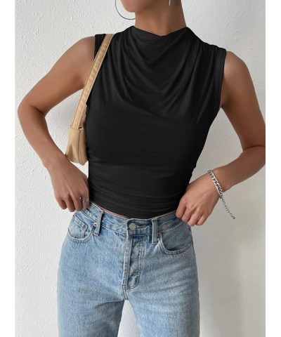 Women's Ruched Sleeveless Mock Neck Tops Casual Crop Tank Top Shirt Black $9.40 Tanks