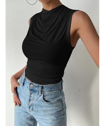 Women's Ruched Sleeveless Mock Neck Tops Casual Crop Tank Top Shirt Black $9.40 Tanks