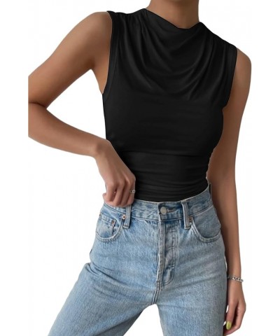 Women's Ruched Sleeveless Mock Neck Tops Casual Crop Tank Top Shirt Black $9.40 Tanks