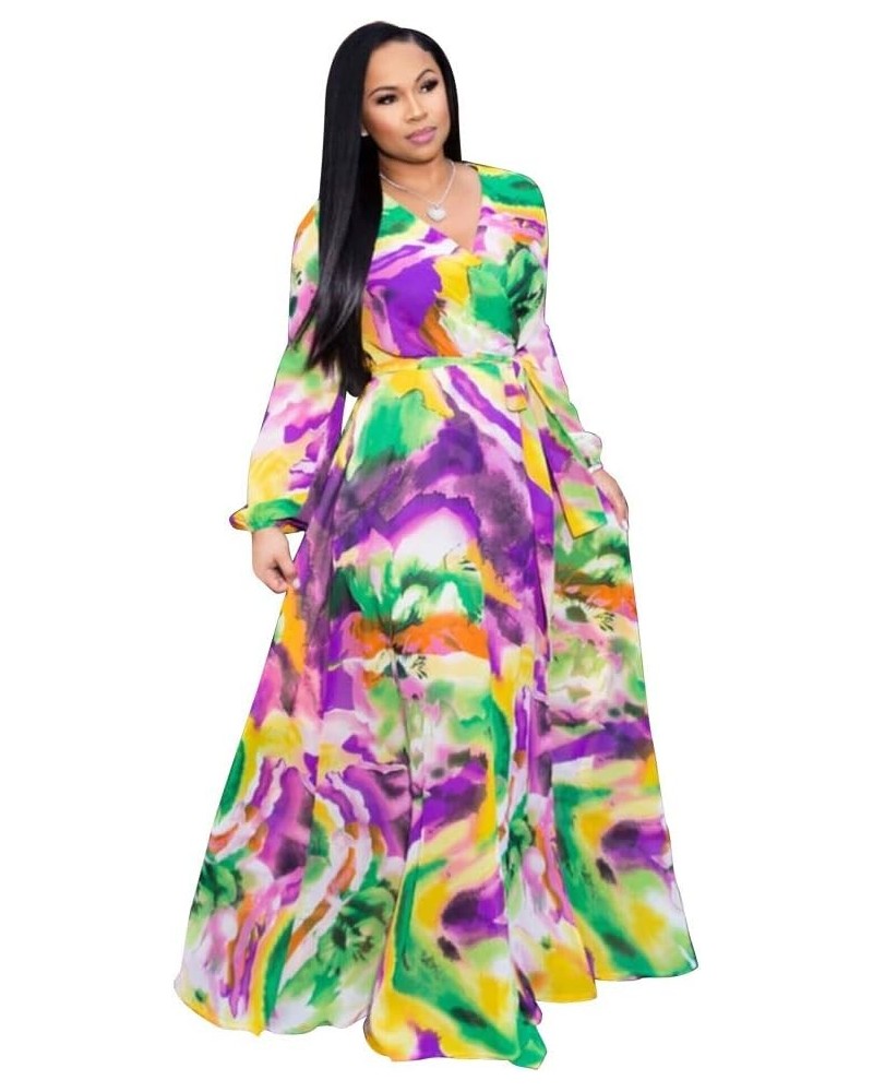 Womens Chiffon Deep V-Neck Stripe Printed Maxi Dress Unique Loose Summer Boho Dresses High Waiste(S-5XL) Purple $23.51 Dresses