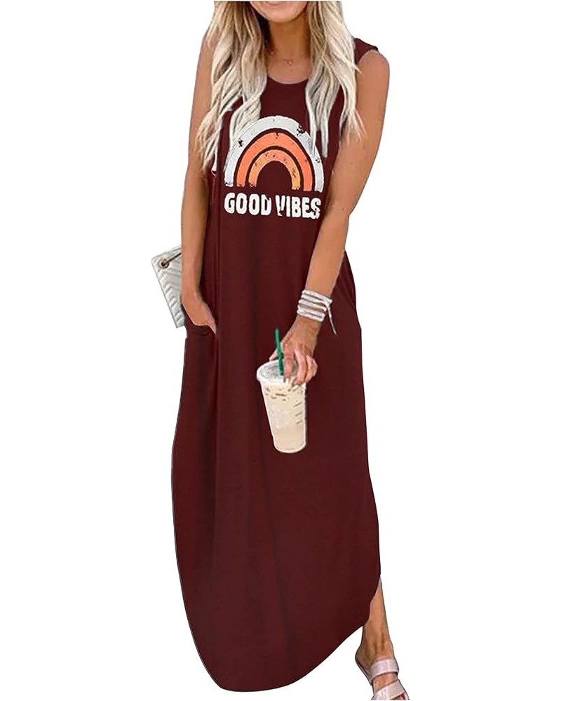 Women's Summer Maxi Dress Casual Loose Sundress Long Dress Sleeveless Vacation Beach Dresses with Pockets Wine Red $17.66 Dre...