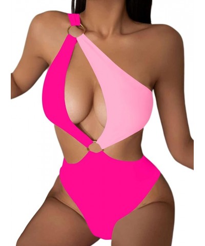 Women's O-Ring Cutout Halter One Piece Swimsuit High Cut Bathing Suit Hot Pink $17.86 Swimsuits