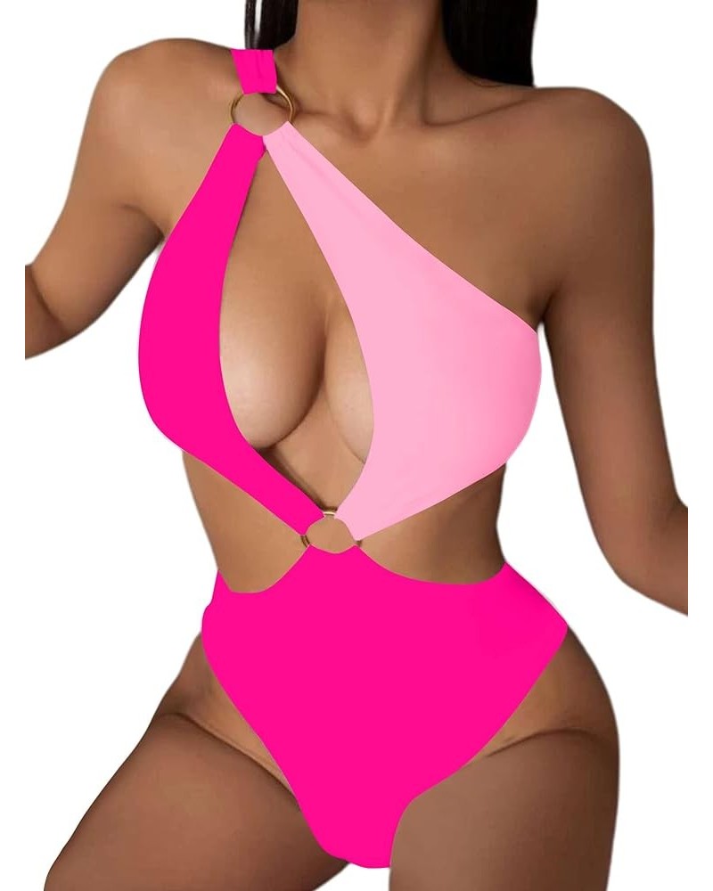 Women's O-Ring Cutout Halter One Piece Swimsuit High Cut Bathing Suit Hot Pink $17.86 Swimsuits