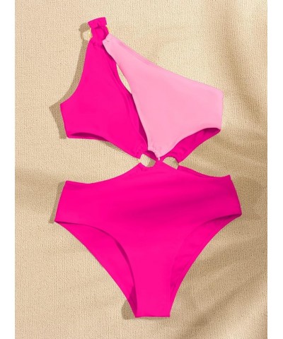 Women's O-Ring Cutout Halter One Piece Swimsuit High Cut Bathing Suit Hot Pink $17.86 Swimsuits