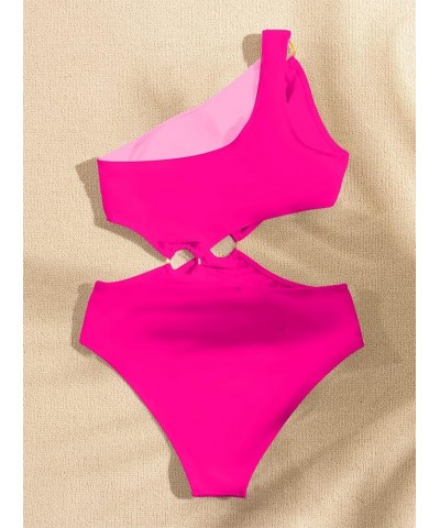 Women's O-Ring Cutout Halter One Piece Swimsuit High Cut Bathing Suit Hot Pink $17.86 Swimsuits