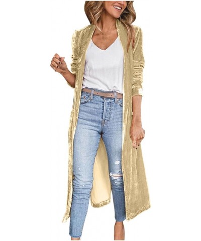 Long Sleeve Velvet Long Cardigan for Women 2024 Spring Summer Open Front Lapel Collar Outwear Jacket with Pockets Beige $20.1...