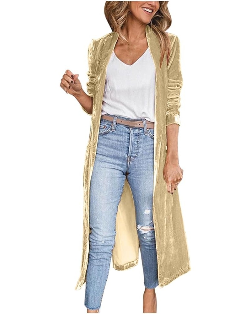 Long Sleeve Velvet Long Cardigan for Women 2024 Spring Summer Open Front Lapel Collar Outwear Jacket with Pockets Beige $20.1...