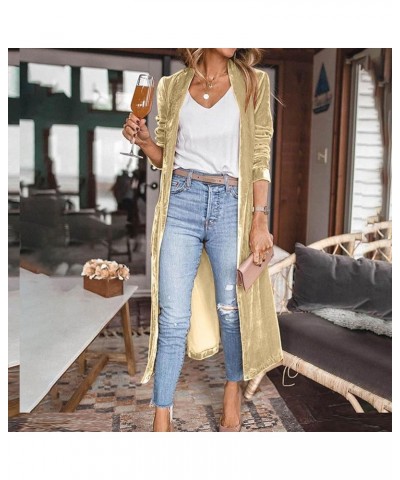 Long Sleeve Velvet Long Cardigan for Women 2024 Spring Summer Open Front Lapel Collar Outwear Jacket with Pockets Beige $20.1...