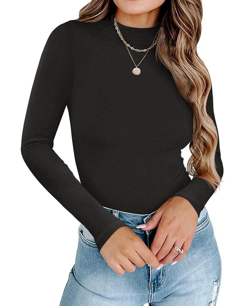 Womens Double Lined Mock Neck Long Sleeve Tops Slim Fitted Thermal Underwear Fall Outfits A_black $12.75 Underwear