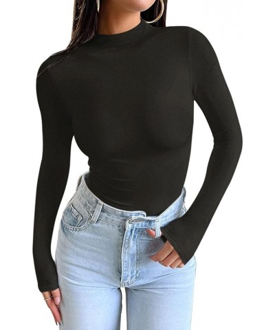 Womens Double Lined Mock Neck Long Sleeve Tops Slim Fitted Thermal Underwear Fall Outfits A_black $12.75 Underwear