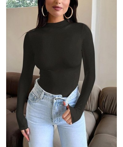 Womens Double Lined Mock Neck Long Sleeve Tops Slim Fitted Thermal Underwear Fall Outfits A_black $12.75 Underwear