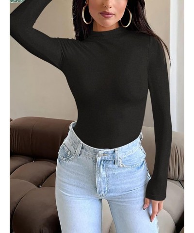 Womens Double Lined Mock Neck Long Sleeve Tops Slim Fitted Thermal Underwear Fall Outfits A_black $12.75 Underwear