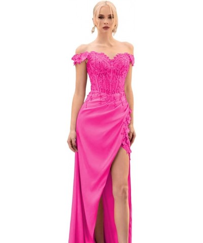 Lace Applique Prom Dresses for Woman Sweetheart Off Shoulder Satin Formal Evening Party Dress with Slit Hot Pink $29.24 Dresses