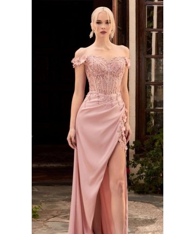 Lace Applique Prom Dresses for Woman Sweetheart Off Shoulder Satin Formal Evening Party Dress with Slit Hot Pink $29.24 Dresses