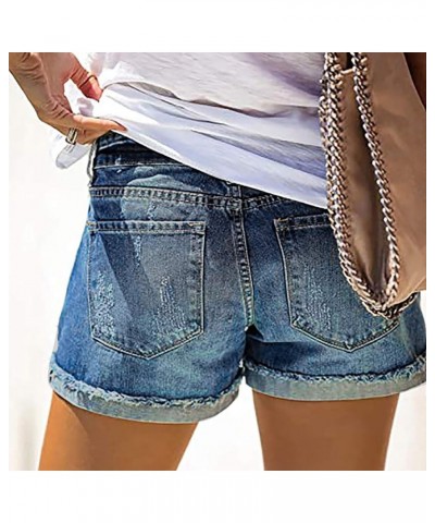 Womens Denim Shorts Teen Girls Casual Summer Mid Rise Stretchy Ripped Cuffed Hem Tassels Jean Shorts with Pockets Z91-sky Blu...