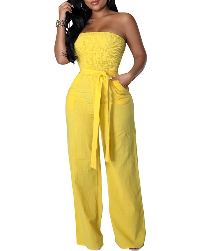 Women's Sexy Off Shoulder Tube Top Rompers High Waist Long Wide Leg Pants Jumpsuits Belt-yellow $13.00 Jumpsuits