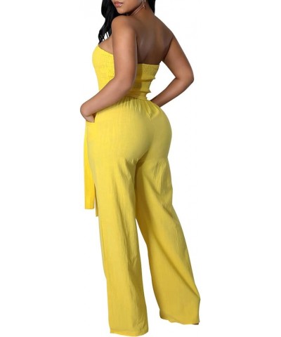 Women's Sexy Off Shoulder Tube Top Rompers High Waist Long Wide Leg Pants Jumpsuits Belt-yellow $13.00 Jumpsuits