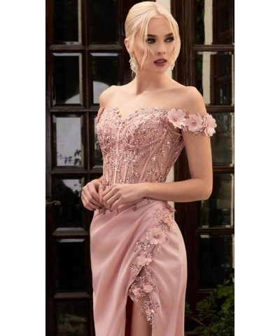 Lace Applique Prom Dresses for Woman Sweetheart Off Shoulder Satin Formal Evening Party Dress with Slit Hot Pink $29.24 Dresses