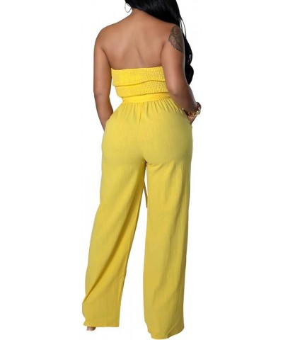 Women's Sexy Off Shoulder Tube Top Rompers High Waist Long Wide Leg Pants Jumpsuits Belt-yellow $13.00 Jumpsuits