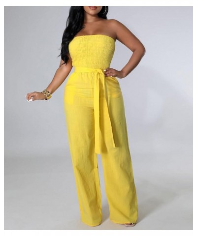 Women's Sexy Off Shoulder Tube Top Rompers High Waist Long Wide Leg Pants Jumpsuits Belt-yellow $13.00 Jumpsuits