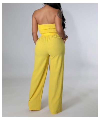 Women's Sexy Off Shoulder Tube Top Rompers High Waist Long Wide Leg Pants Jumpsuits Belt-yellow $13.00 Jumpsuits