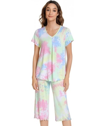 Pajamas for Women Short Sleeve Sleepwear Soft Capri Pants Pajama Sets Cool Pjs S-4XL Pg Tie-dye $21.19 Sleep & Lounge