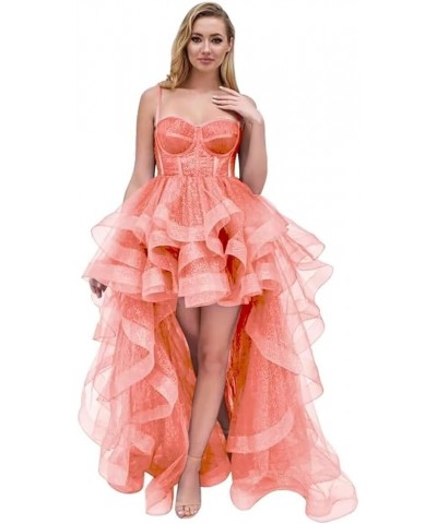 Spaghetti Cocktail Party Dress for Women High-Low Ruffled Summer Dress Long Trailing Prom Ball Gown Coral $51.30 Dresses