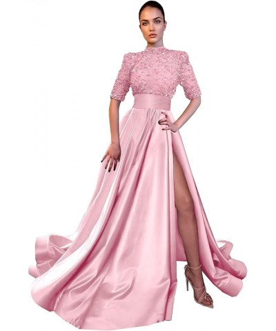 Sparkly Sequin Prom Dresses for Women Slit 2024 Half Sleeve Satin Long Ball Gown Formal Evening Gowns Pink $41.24 Dresses