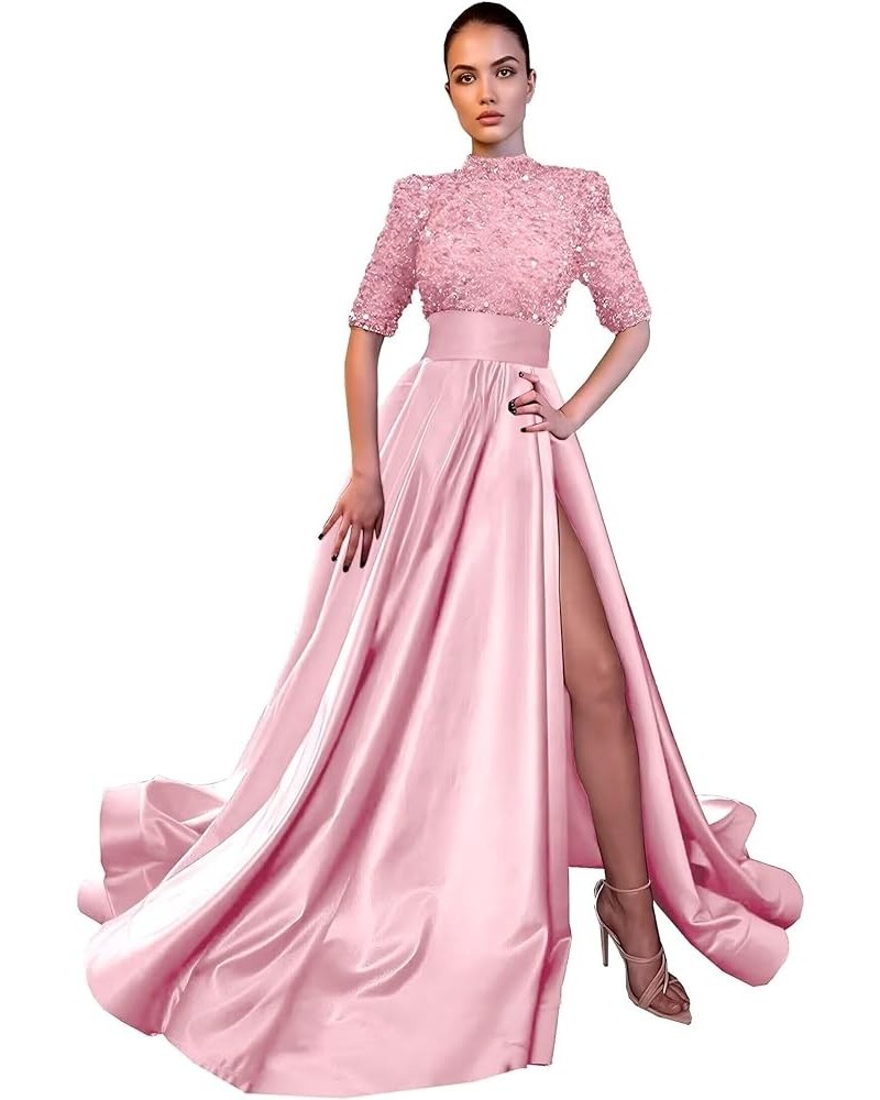 Sparkly Sequin Prom Dresses for Women Slit 2024 Half Sleeve Satin Long Ball Gown Formal Evening Gowns Pink $41.24 Dresses