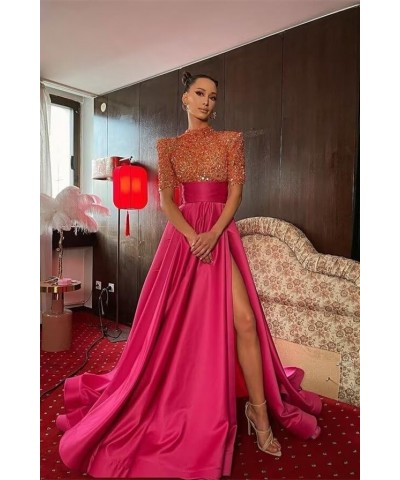 Sparkly Sequin Prom Dresses for Women Slit 2024 Half Sleeve Satin Long Ball Gown Formal Evening Gowns Pink $41.24 Dresses