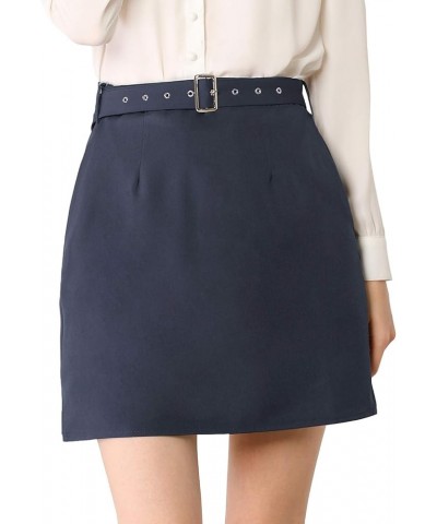 Women's Work Office Belted Elastic Waist Back Mini Skirt with Pockets Navy Blue $9.24 Skirts