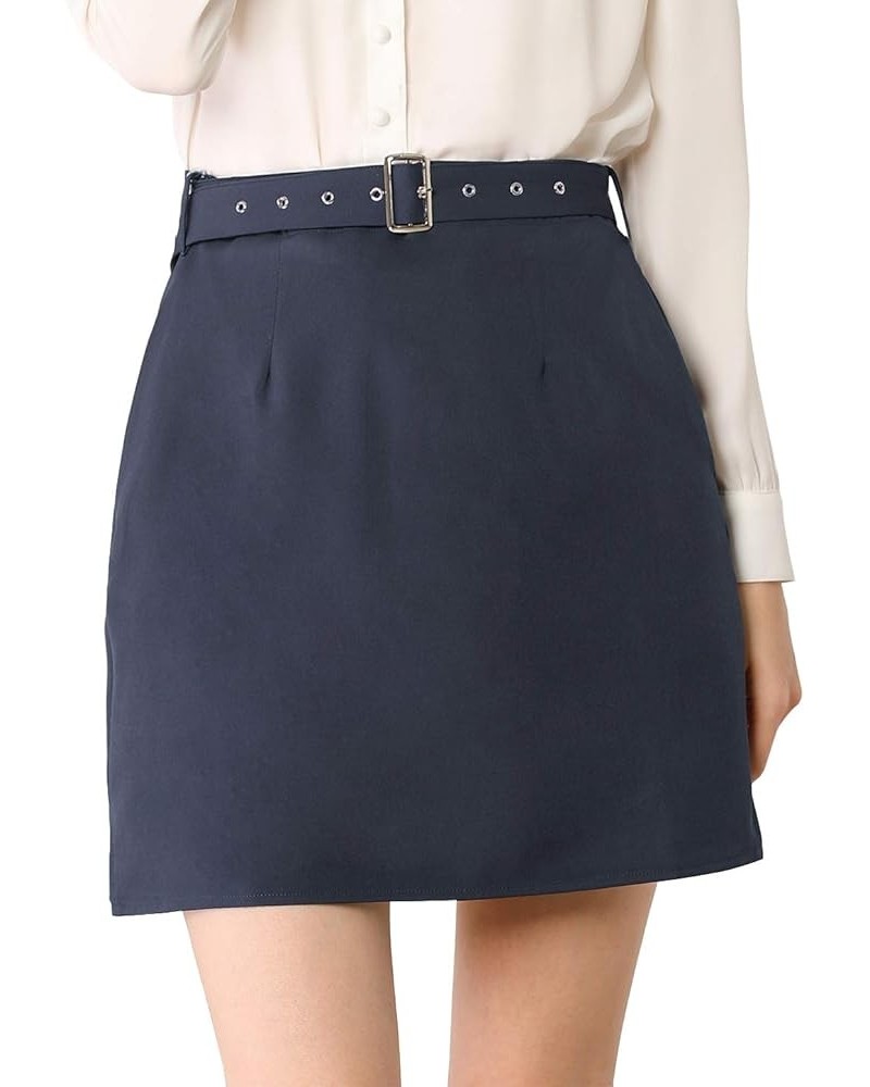 Women's Work Office Belted Elastic Waist Back Mini Skirt with Pockets Navy Blue $9.24 Skirts