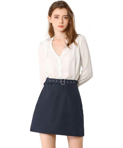 Women's Work Office Belted Elastic Waist Back Mini Skirt with Pockets Navy Blue $9.24 Skirts