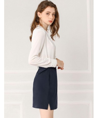 Women's Work Office Belted Elastic Waist Back Mini Skirt with Pockets Navy Blue $9.24 Skirts