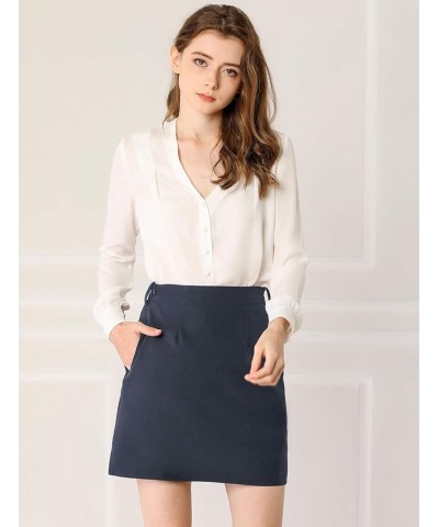 Women's Work Office Belted Elastic Waist Back Mini Skirt with Pockets Navy Blue $9.24 Skirts