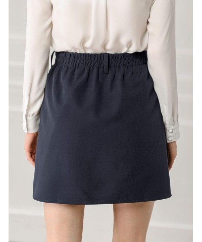 Women's Work Office Belted Elastic Waist Back Mini Skirt with Pockets Navy Blue $9.24 Skirts